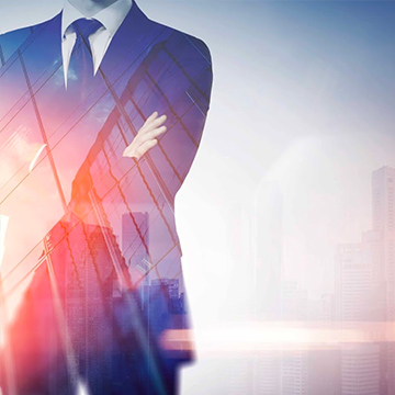 double exposure of a man with office building